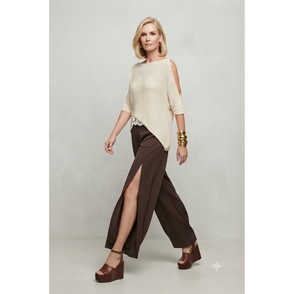 Zara Brown Cotton Linen High Waisted Side Slit Wide Leg Tulip Pants Size M NWT